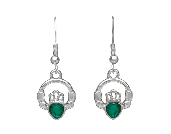 Claddagh Silver Plated Drop Earrings with Green Stone Accent by Woods Celtic Jewllery