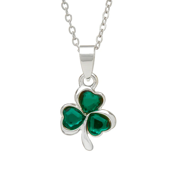 Silver Plate Green Stone Shamrock Pendant by Woods Celtic Jewellery